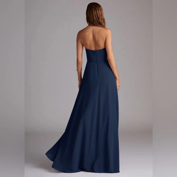 Azazie Wren Dark Navy A-Line Side Slit Chiffon Dress - Picture 3 of 13